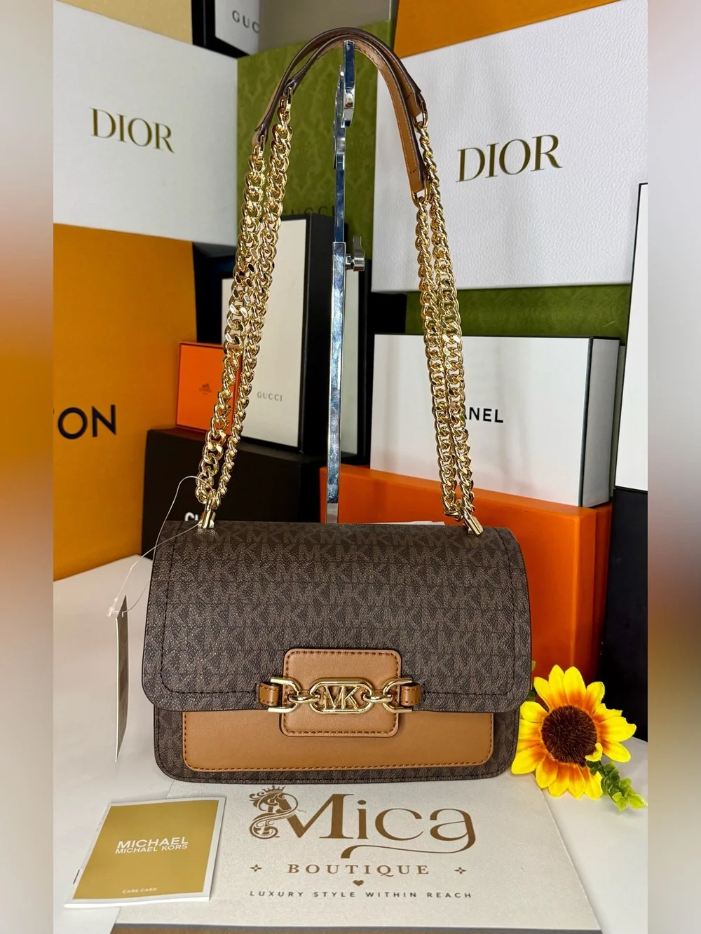 🆕MICHAEL KORS Ladies Heather Extra-Small Logo Leather Crossbody Bag Brown/Acorn